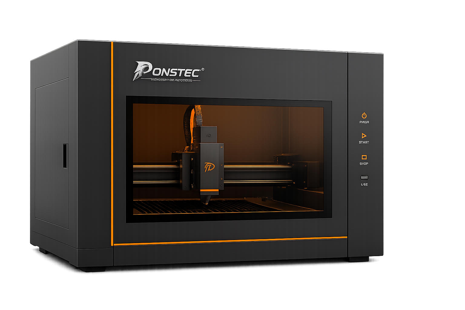 Máquina CNC industrial PONSTEC , luz naranja y herramienta mecanizando dentro de la cámara.